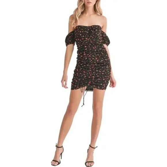 All in Favor Dresses & Skirts - NWT All in Favor Ruched the Shoulder Mini dress Black with Red Rose Print. SZ SM